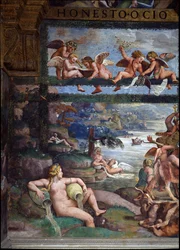 El Banquete Rústico celebrando el matrimonio de Cupido y Psique, (detalle) que representa dioses y diosas del río, pared este, de la Sala de Amor y Psique, 1528